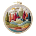 Embroidery DIY kit components: printed landscape fabric, embroidery hoop, coloured threads, and needles laid flat.