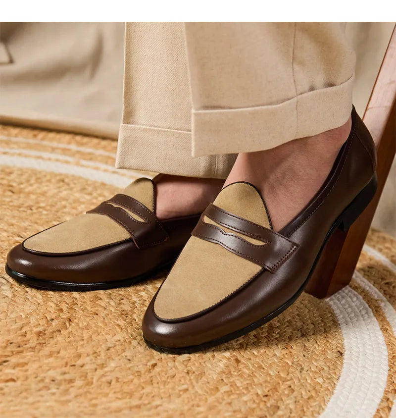 Coffee grey suede leather Belgian loafers with one-foot kick design and rubber sole