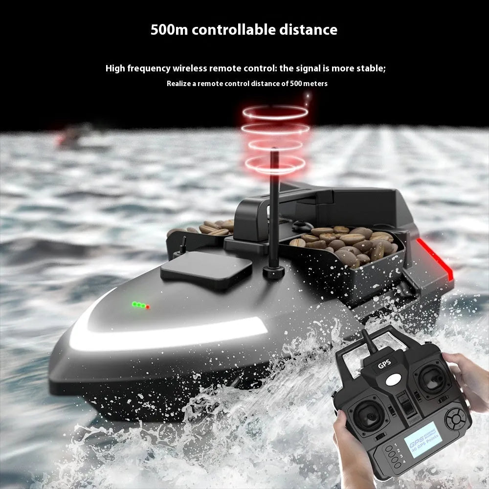 V020 GPS remote control fishing boat in luminous yellow on water, showing remote control unit and carry bag.