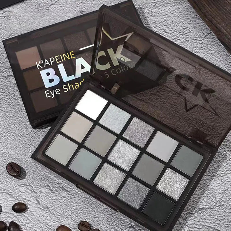 15 colour eyeshadow palette with smoky grey, black and brown shades for neutral skin