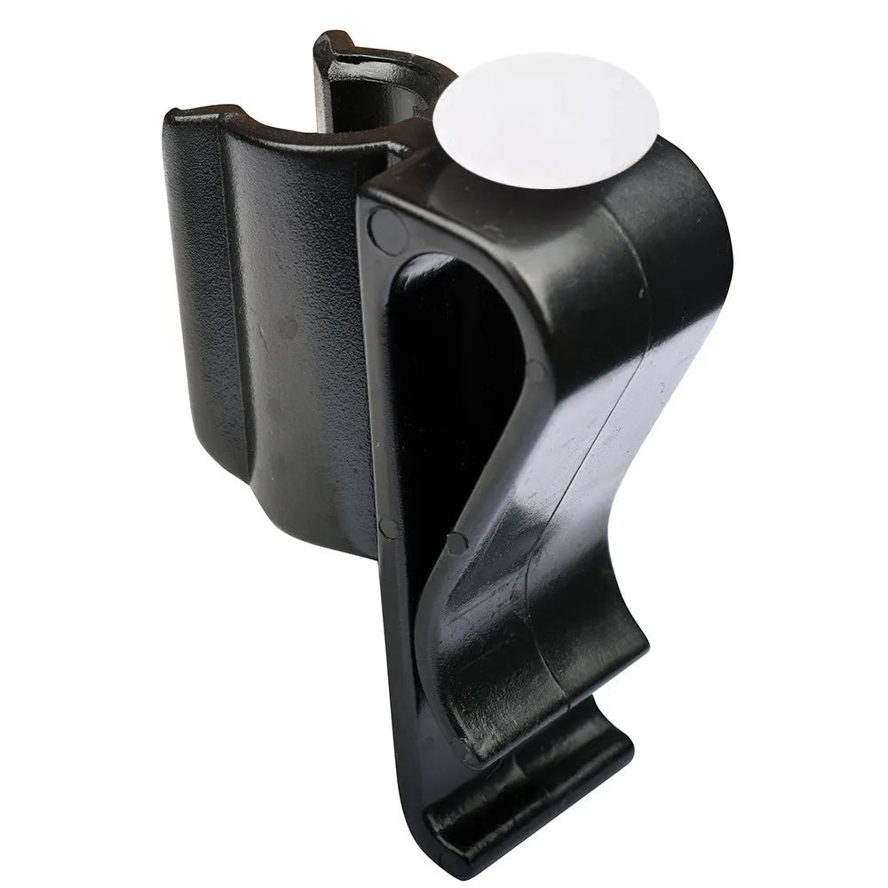 Black plastic golf putter fixing clip holder attached to a golf bag