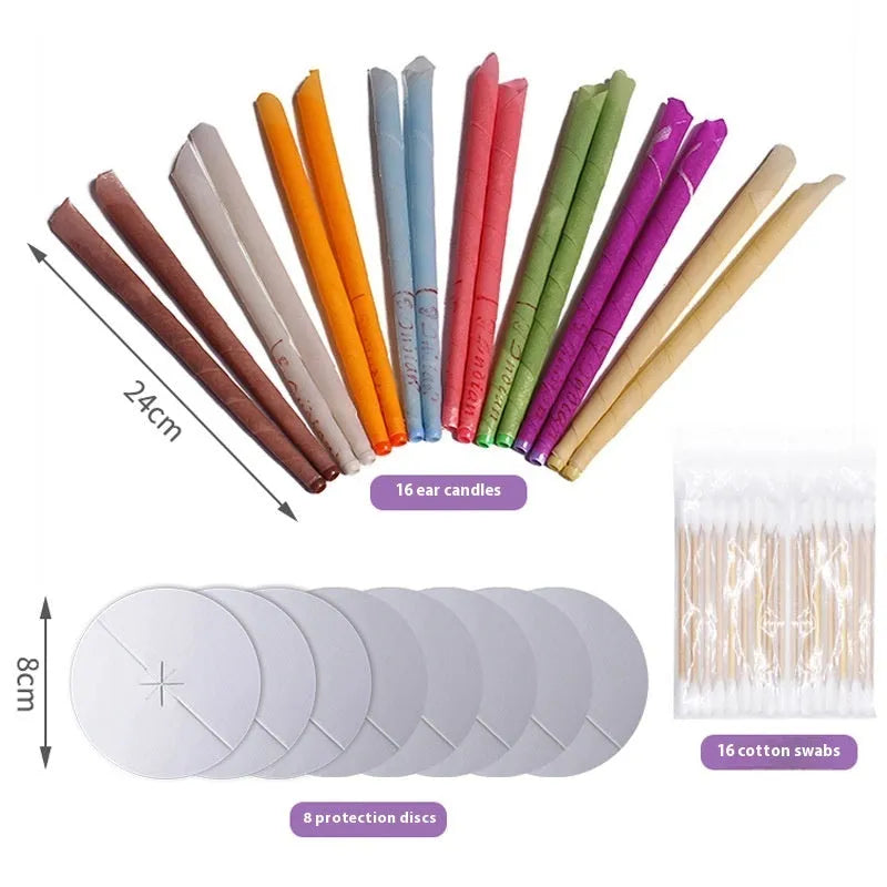 MQ Horn ear candle set with 16 candles, 8 protection boards, 16 swabs in eight colours for health massage