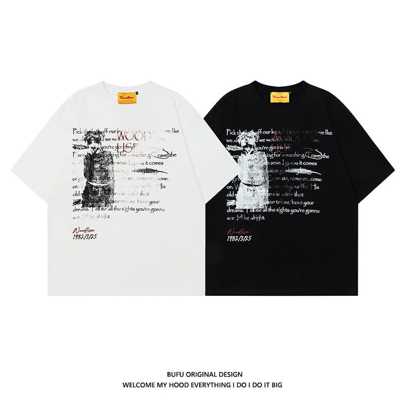 Men's black loose fit cotton T-shirt with white hip hop letter print and raglan sleeves