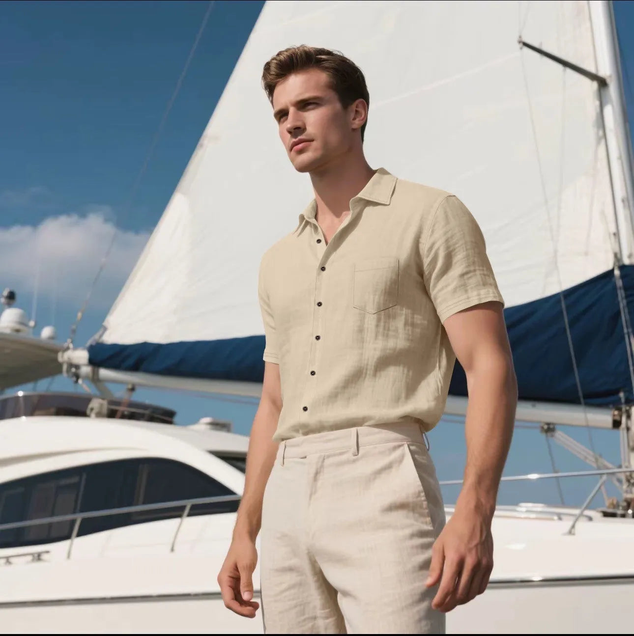 Men's loose fit linen short-sleeved cardigan shirt in a solid colour on a hanger.