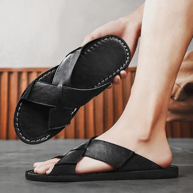 Men's genuine leather slip-on sandals with rubber soles in black and brown colours