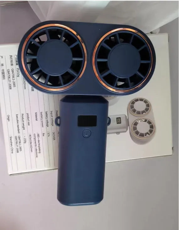 Handheld portable fan with folding neck, digital display and USB charging port