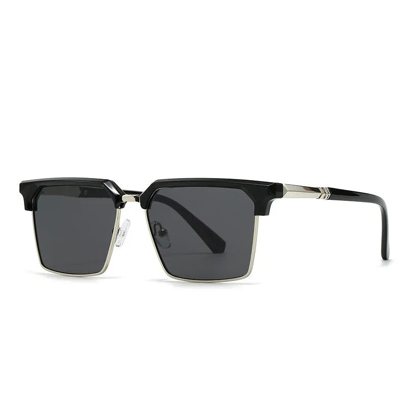 Men's square box-style sunglasses with plastic frames, shown in multiple colour options including black, tea, green, and blue.