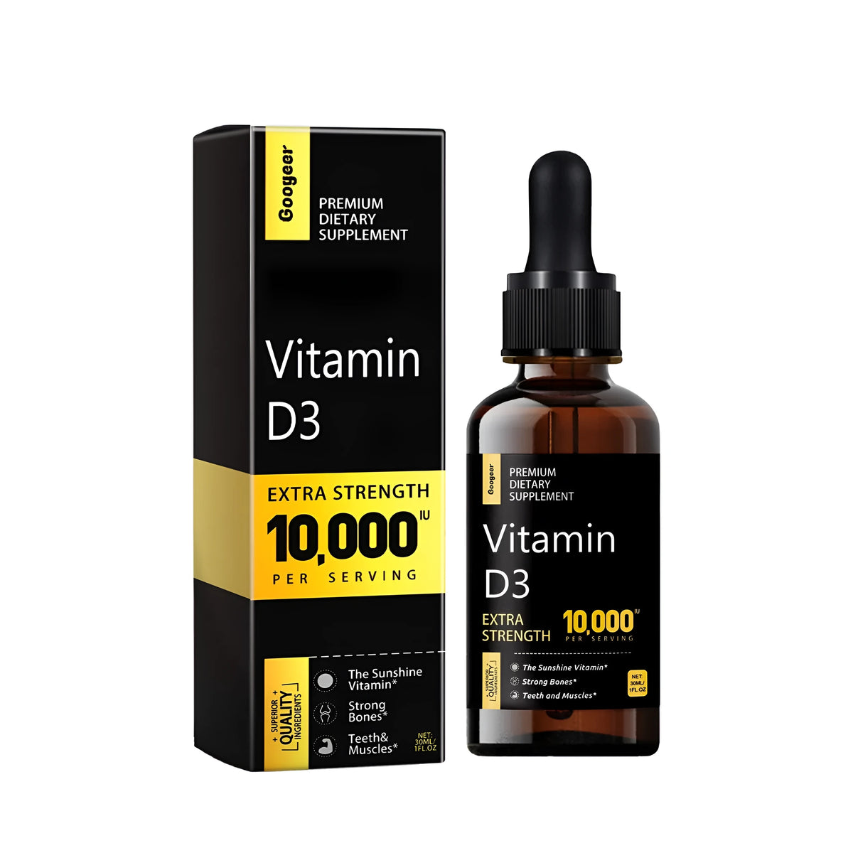 Vitamin D3 and C liquid supplement with green tea and orange extract in a 2.8x10.3cm PE bottle