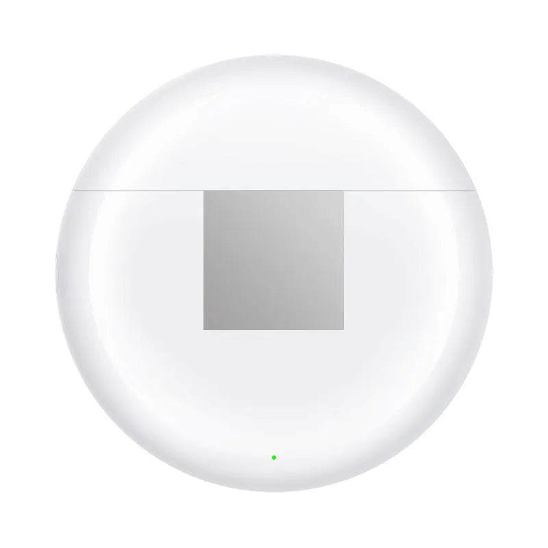 White Wireless Budz5 Bluetooth earbuds placed inside their matching charging case on a table.