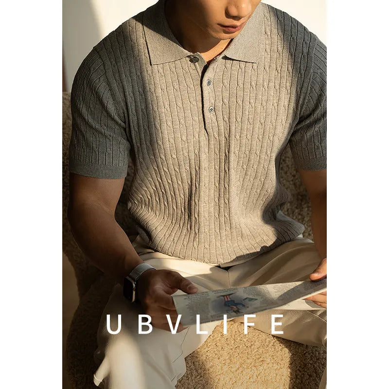 Men's khaki short-sleeve blend-fabric top for business casual and commute wear.