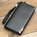 Men's long black PU leather zip wallet showing closed zipper and multifunctional design