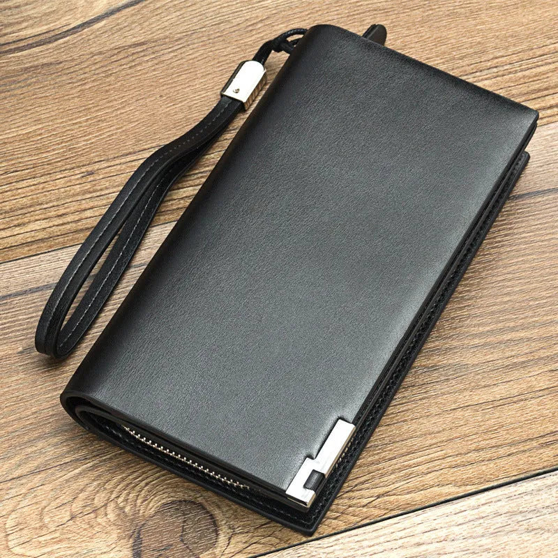 Men's long black PU leather zip wallet showing closed zipper and multifunctional design
