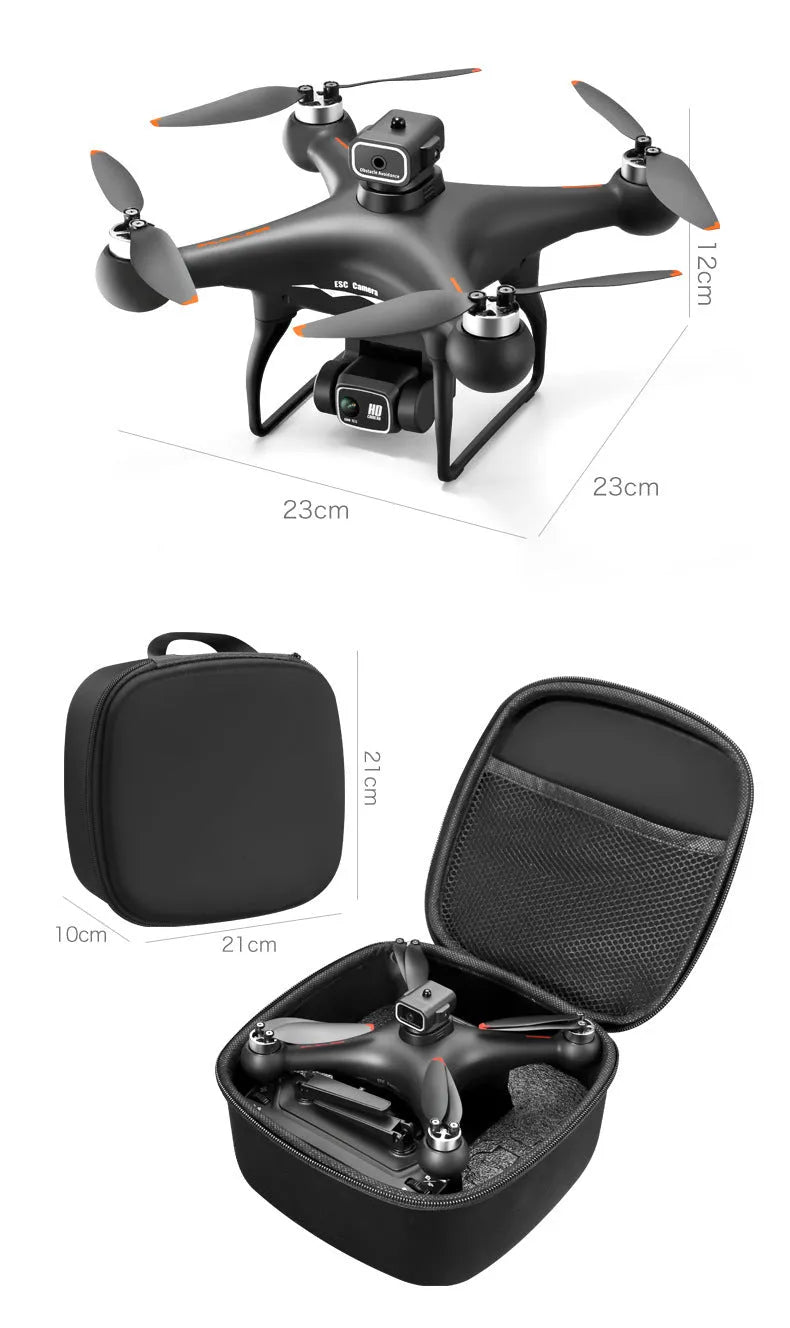 Black and white plastic brushless UAV drone with four obstacle avoidance sensors and a camera.