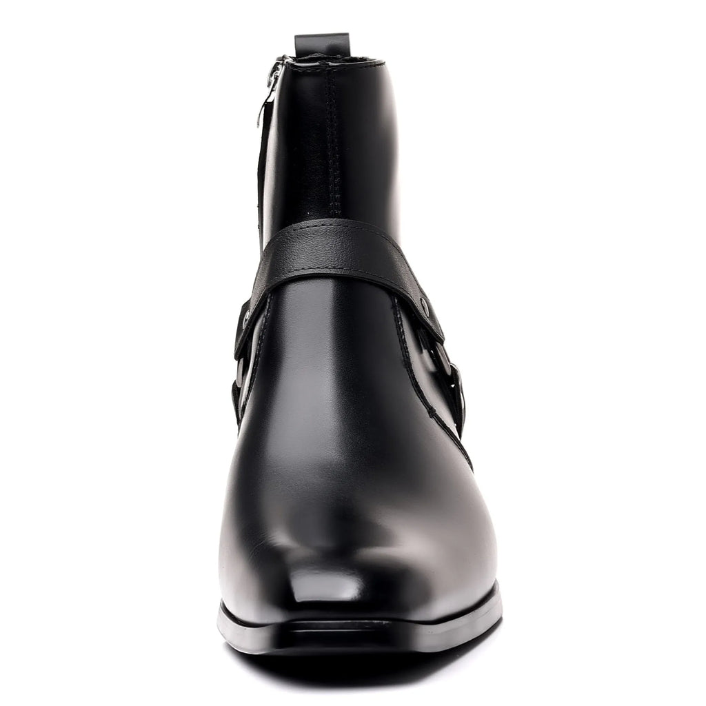 Unisex black chain boots with side zipper, square toe, and decorative rivets on a textured PU upper