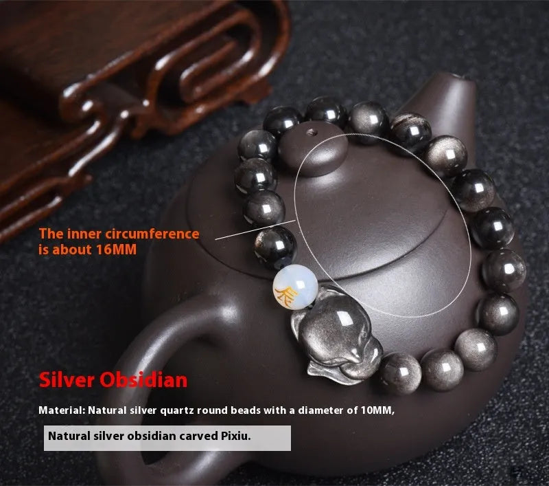 Natural obsidian bracelet with zodiac charm in gold, silver, or black stone styles.