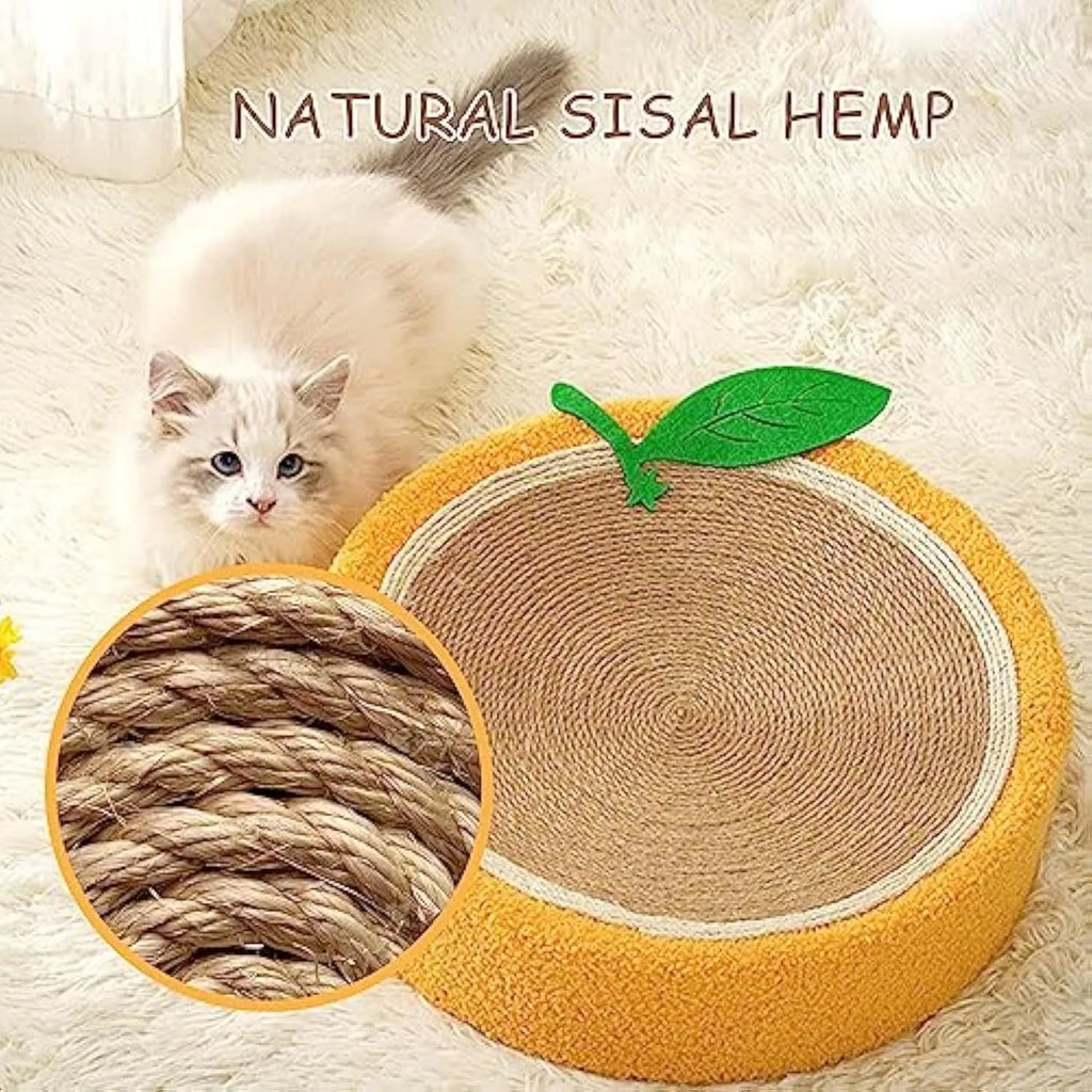 Yellow round cat scratching board and bed with sisal surface for small breed cats.