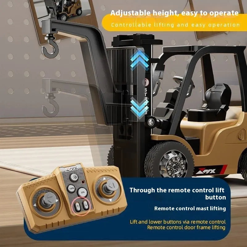 1:64 scale die-cast alloy remote control forklift with cargo accessories on display