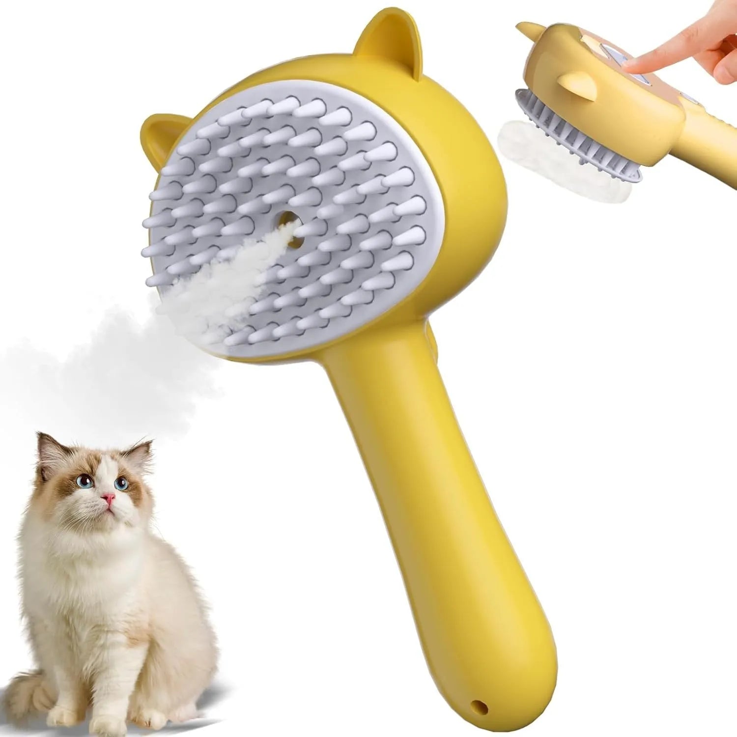 Blue cat steam brush with ergonomic handle, rubber bristles and mist spray function for pet grooming