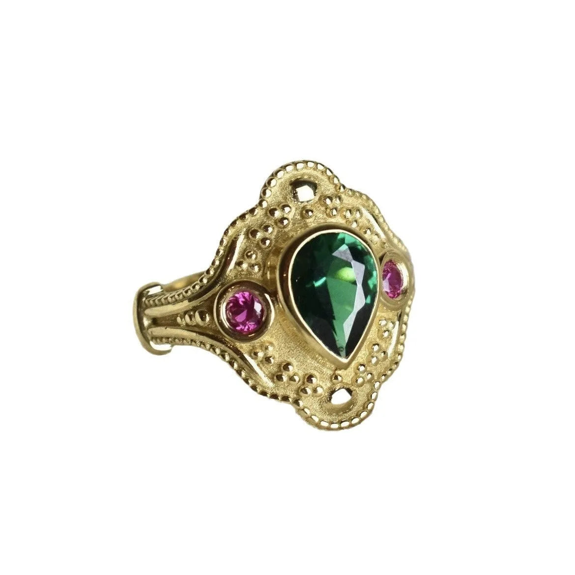 Women's golden Lvzuan geometric ring electroplated on alloy, shown on a hand