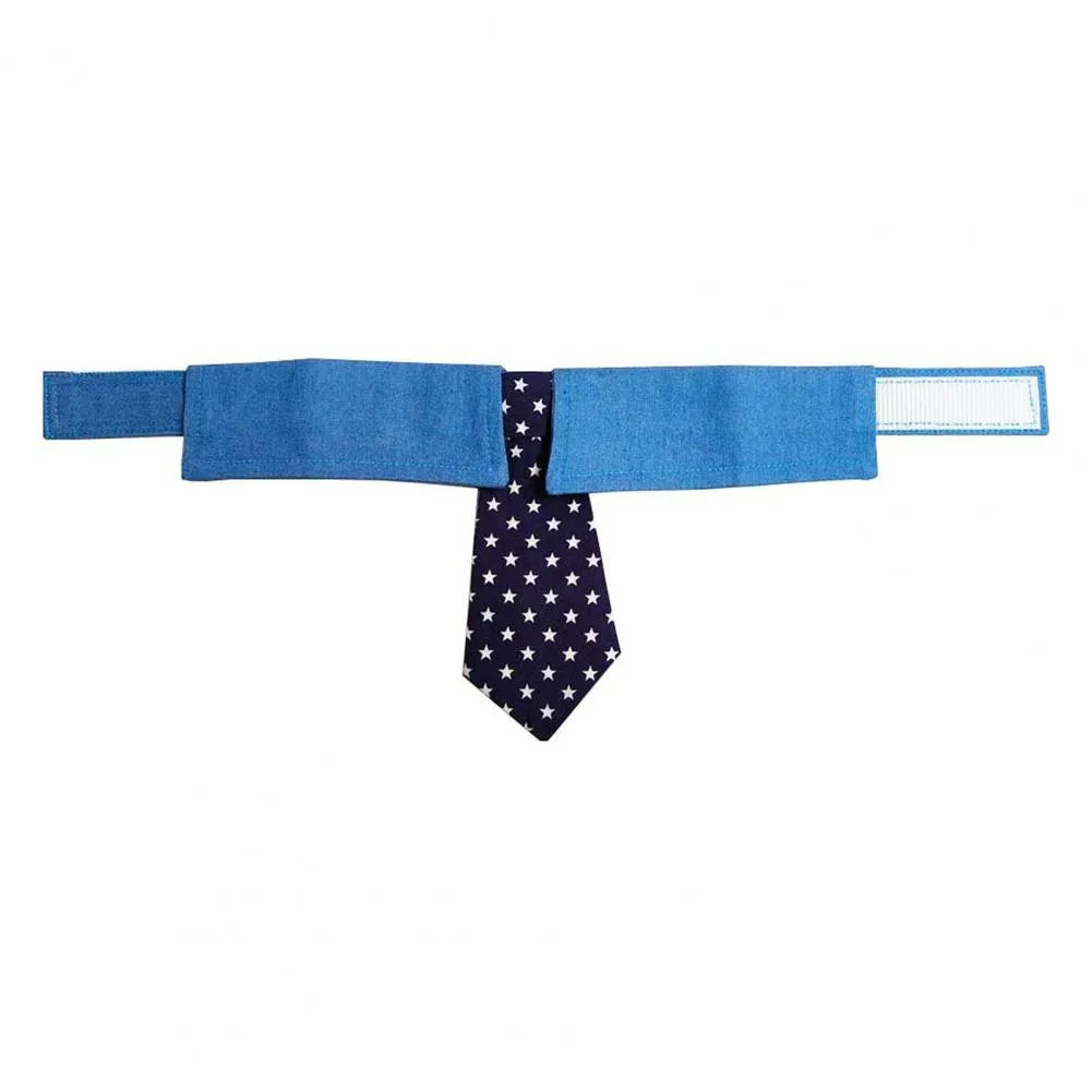Denim pet collar with star-pattern necktie on adjustable fastener tape closure