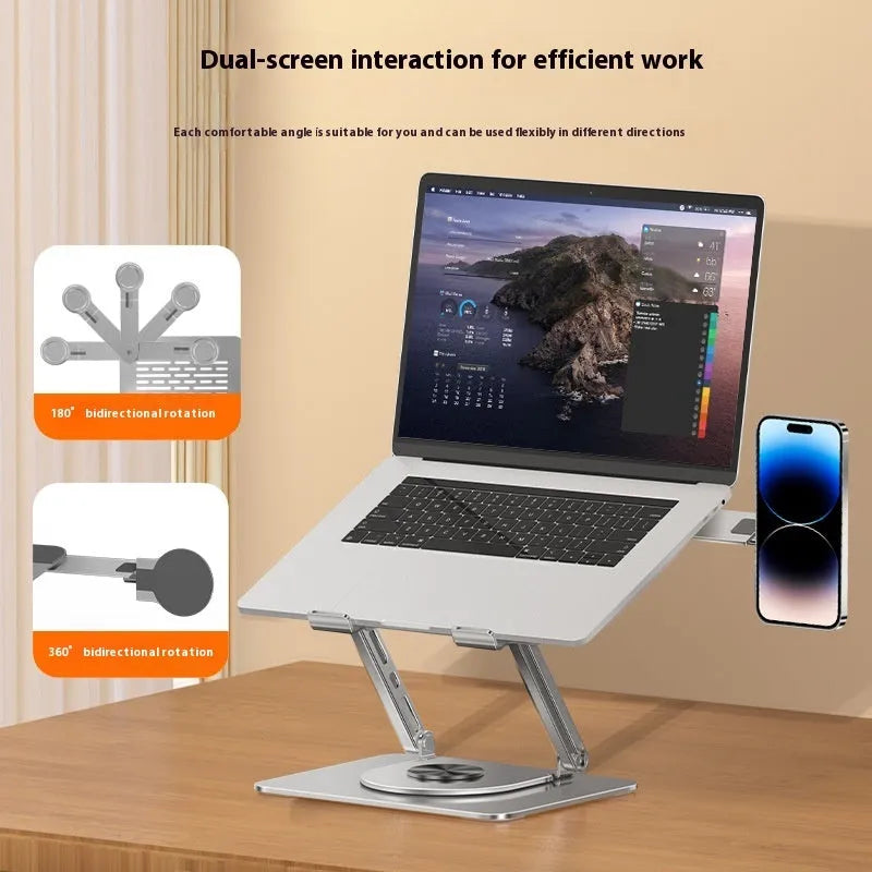 Silver carbon steel laptop stand with magnetic phone holder rotating on desk