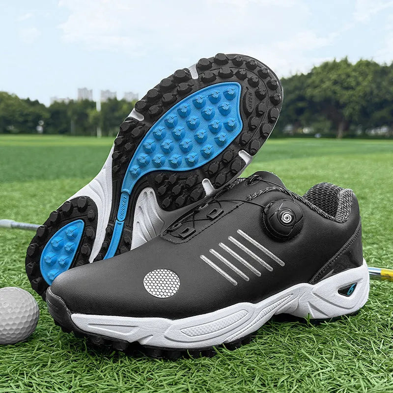 Men's rotating shoelace lightweight golf shoes in black with rubber sole and mesh inner