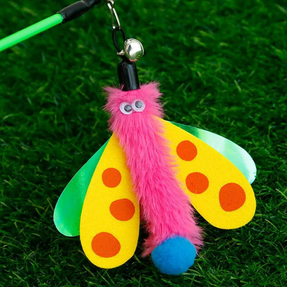 Cat wand toy with dragonfly attachment and bell on 49cm ABS plastic stick