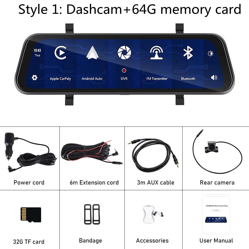 9.66-inch HD car dashcam and reversing camera system with mounting kit on a table