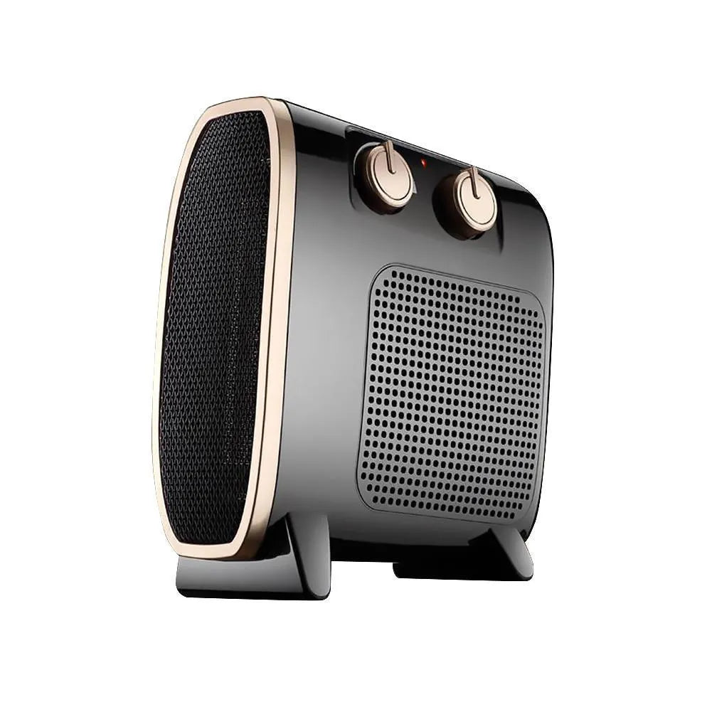 White and black gold portable electric ceramic fan heater with control dials on top.