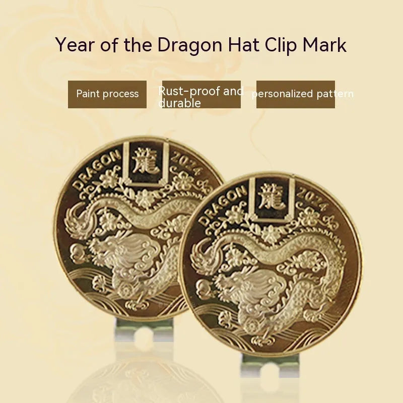 Zinc alloy golf hat clip with detailed dragon year and sports-themed metal patterns.