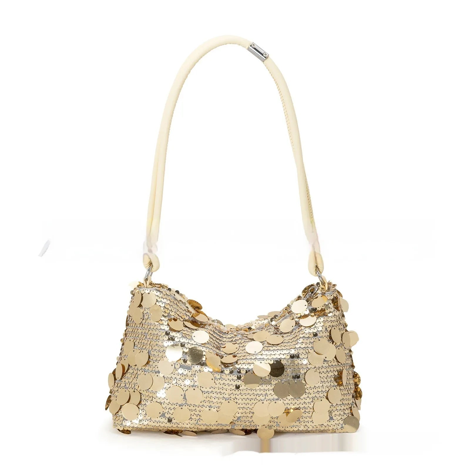 Women's soft polyester underarm crossbody bag in gold colour showing sandwich pocket design and single strap