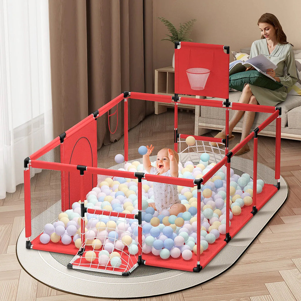Large blue children's playpen tent with Oxford cloth walls and stainless steel frame in a nursery.
