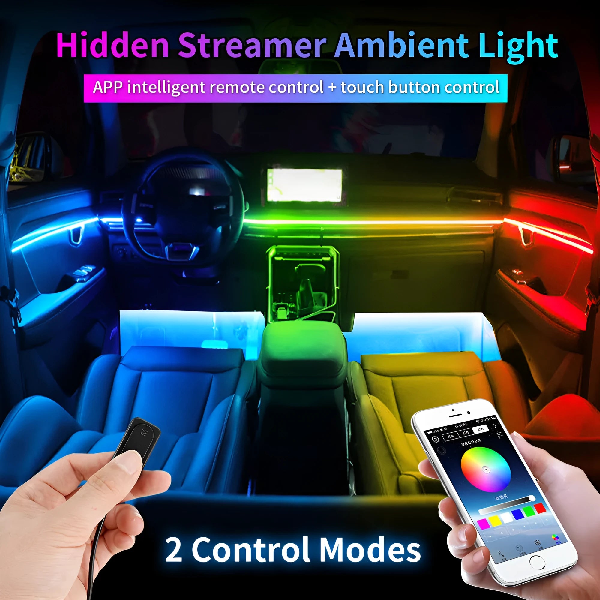 Hidden LED streamer 18in1 dynamic car ambience light with clear acrylic bar in a vehicle interior