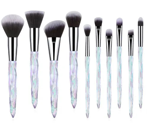 10 crystal handle foundation brushes with artificial fibre bristles in black, blue, red, and yellow colours