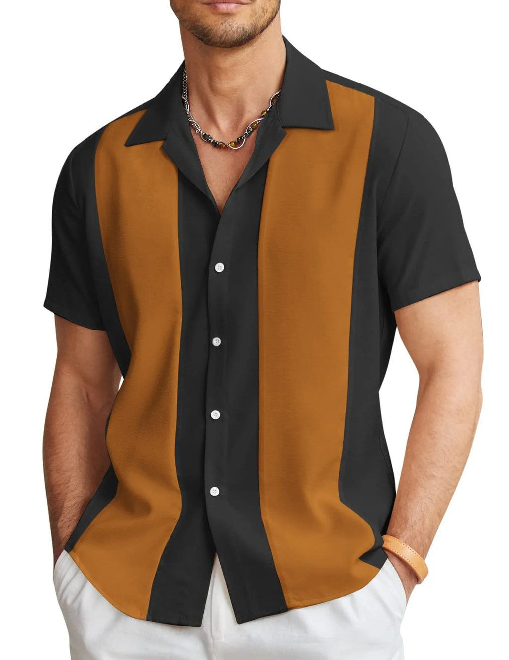 Men's slim fit short sleeve Hawaiian shirt with digital print pattern in elastic fabric.