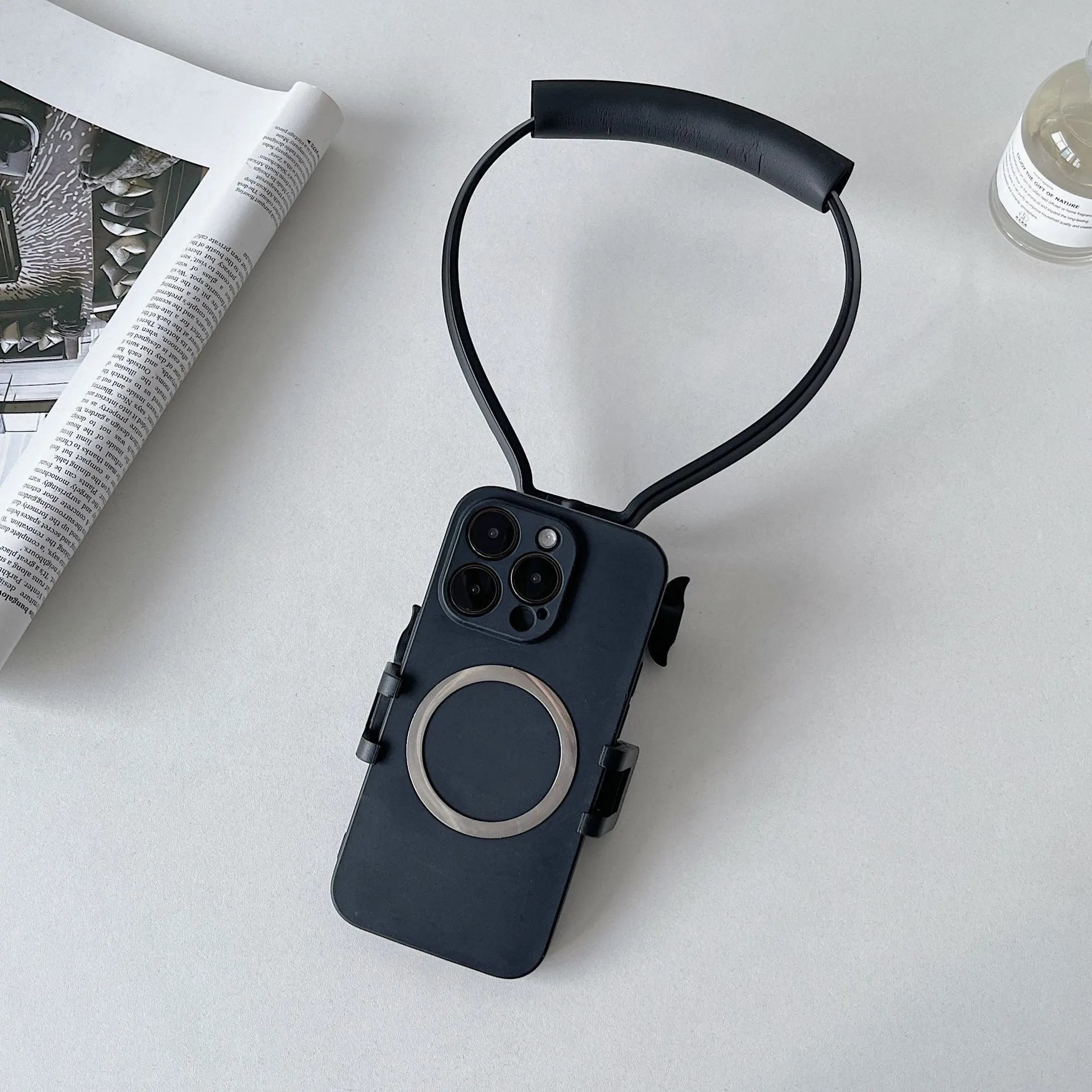 Black plastic universal cell phone neck hanging bracket with horizontal and vertical rotating clip and extension piece