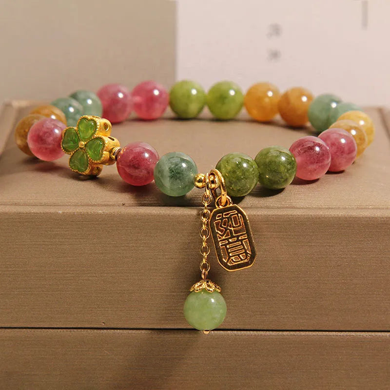 Natural tourmaline ruyi pendant bracelet for women with alloy inlay and rhinestone accents on wrist