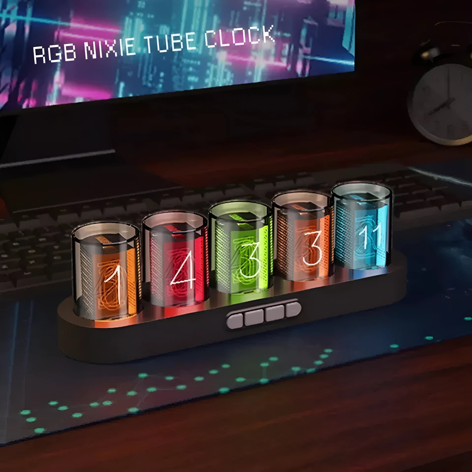 RGB LED digital tube clock displaying time with colourful lighting effects on desk
