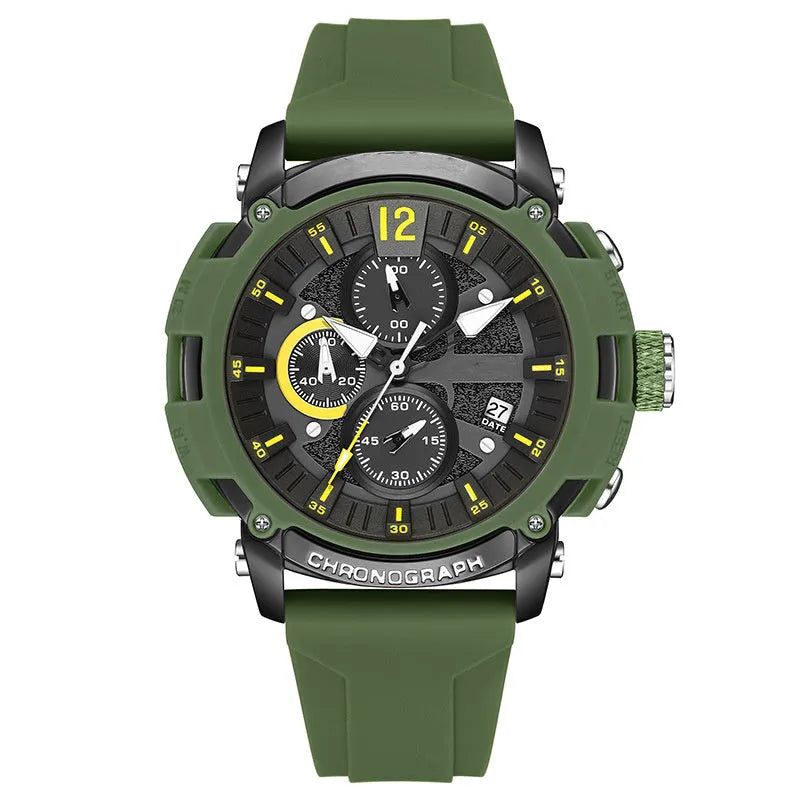Men's digital watch with luminous display showing time and calendar, water resistant to 30 metres