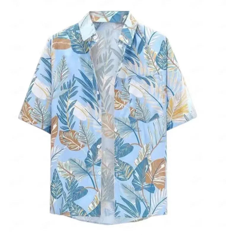 Man wearing a short-sleeved Hawaiian shirt with colourful 3D printed patterns.