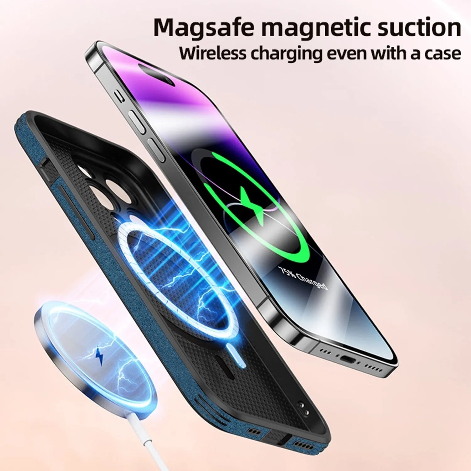 iPhone 16 magnetic charging case with embossed moose head design in imitation leather, shown in multiple colours.