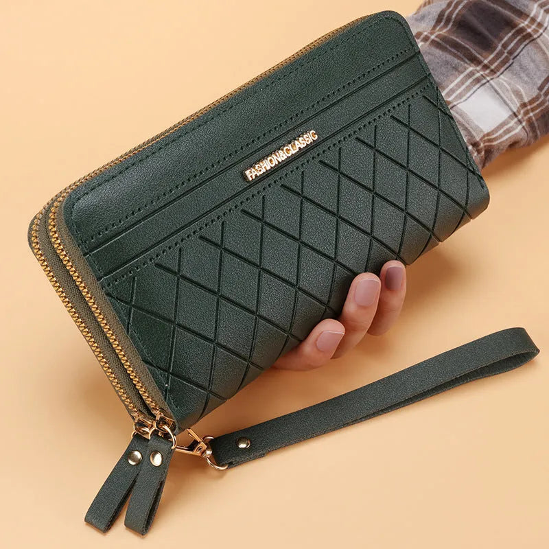 Women's long double zipper wallet in PU leather with multiple card slots – 19cm length, 10.5cm width