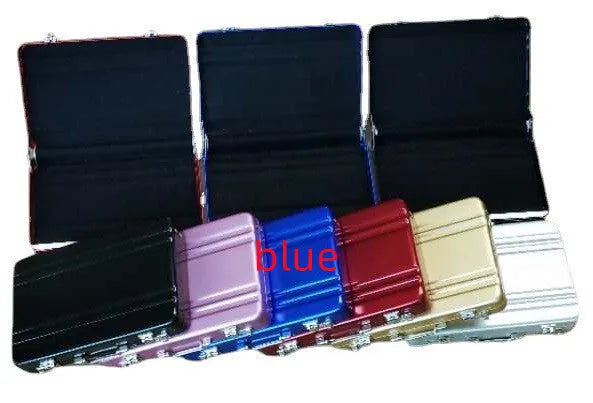 Aluminium alloy metal card holder in choice of six colours showing dimensions.