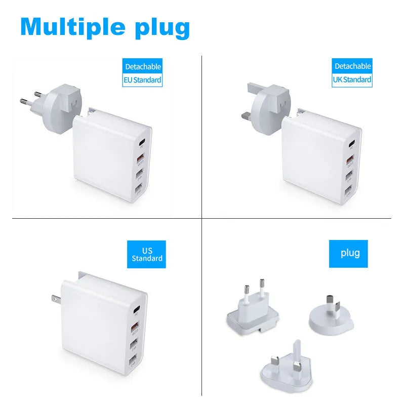 White and black multi-port fast charge USB wall charger with PD and QC support on a wooden surface.