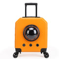 Hard-shell PVC pet flight trolley case in pink colour with retractable handle and wheels.