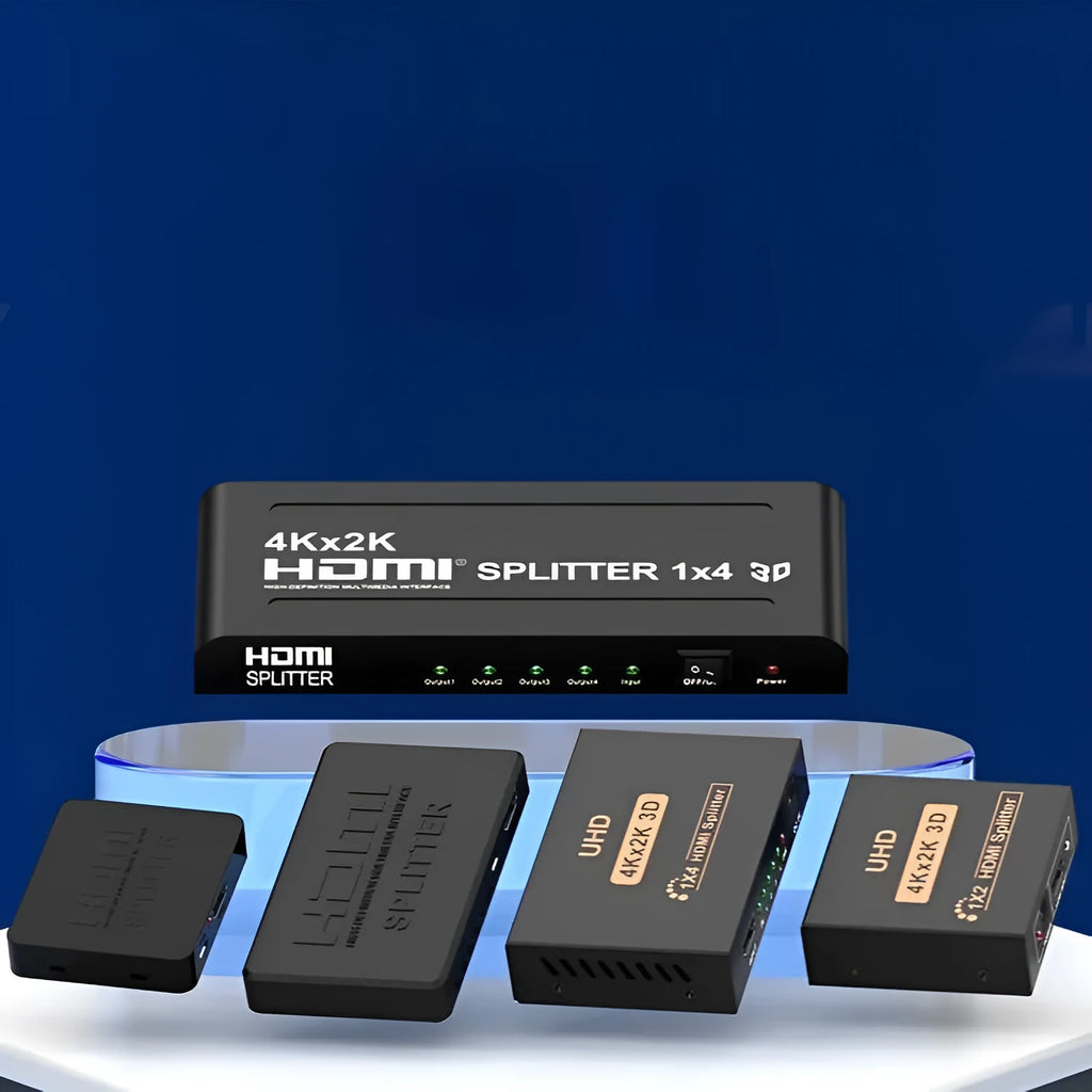 HDMI splitter device with one input and two output ports for 4K signal distribution
