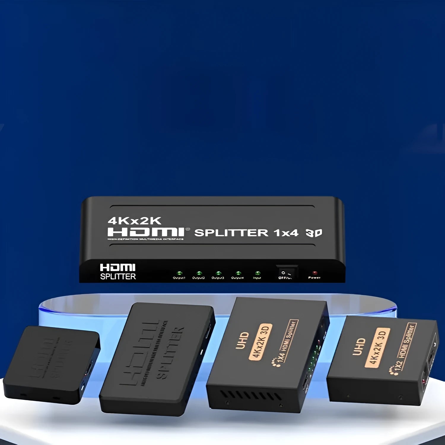 HDMI splitter device with one input and two output ports for 4K signal distribution