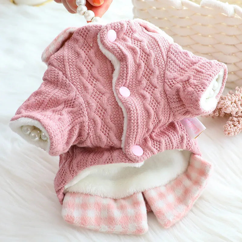 Blue wool plaid check two-piece dog sweater with fleece lining shown on dog model