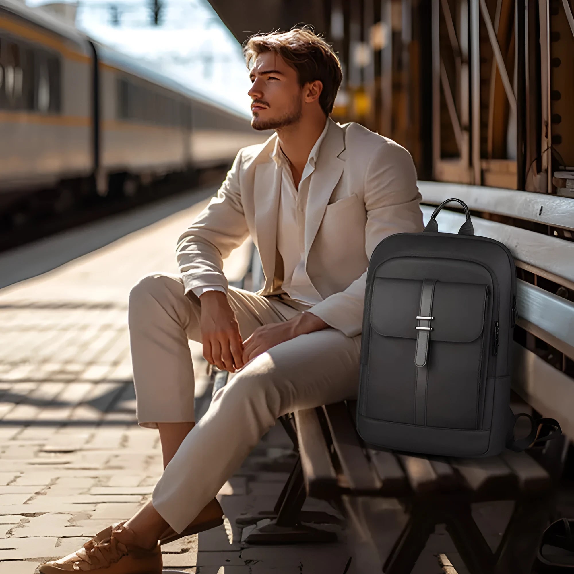 Solid black Oxford cloth backpack with sewing line details for business commute