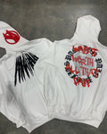 Black loose hooded sweatshirt with white skull and letter print, detailed with hot rhinestones.